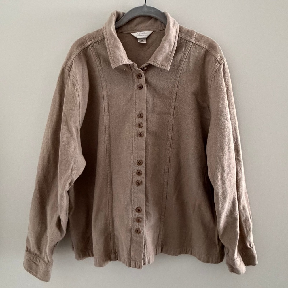 CJ Banks Christopher Banks Tan Cotton Button Down Peplum Back Shirt Shacket 1X